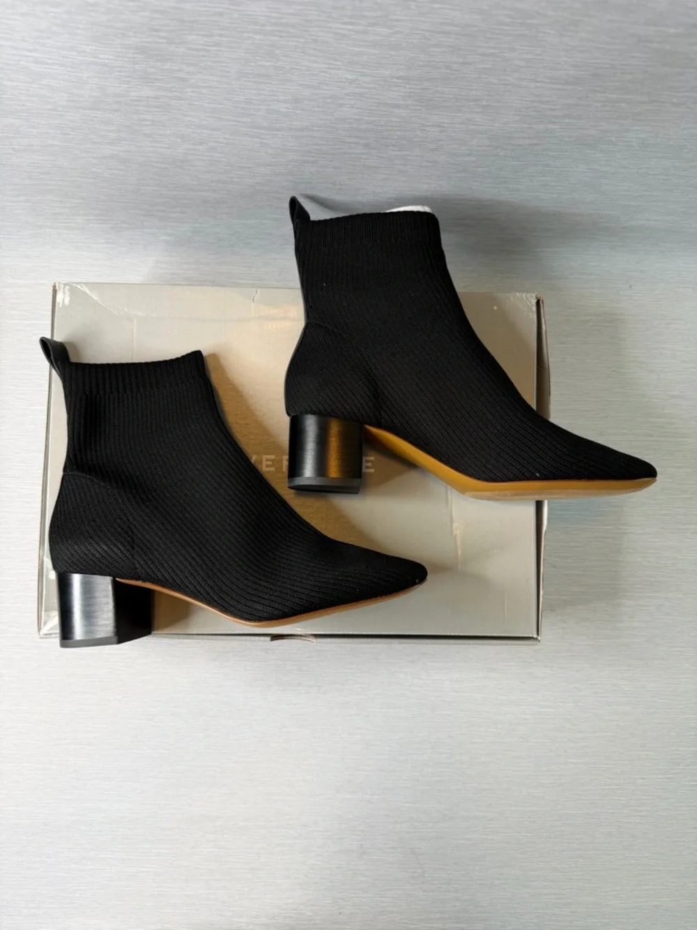 Everlane The Glove Boot Rib Knit Ankle Sock Boots Size 8 Black ReKnit Block Heel